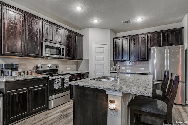 kitchen with stainless steel appliances, sink, a kitchen island with sink, a breakfast bar, and dark brown cabinets