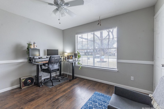 office with ceiling fan, dark wood-type flooring, and a wealth of natural light