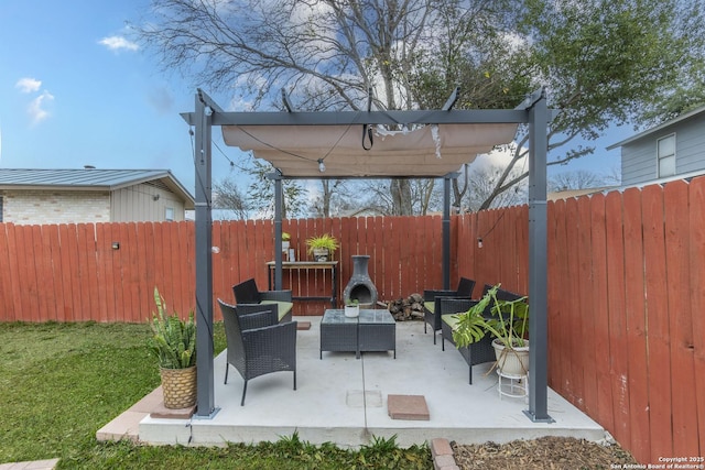 view of patio / terrace with an outdoor living space and a pergola