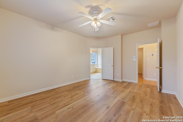 unfurnished bedroom with ceiling fan and light hardwood / wood-style floors