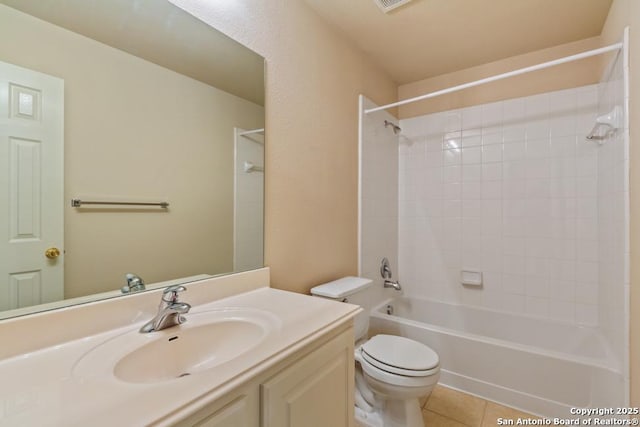 full bathroom with shower / bathtub combination, tile patterned floors, toilet, and vanity