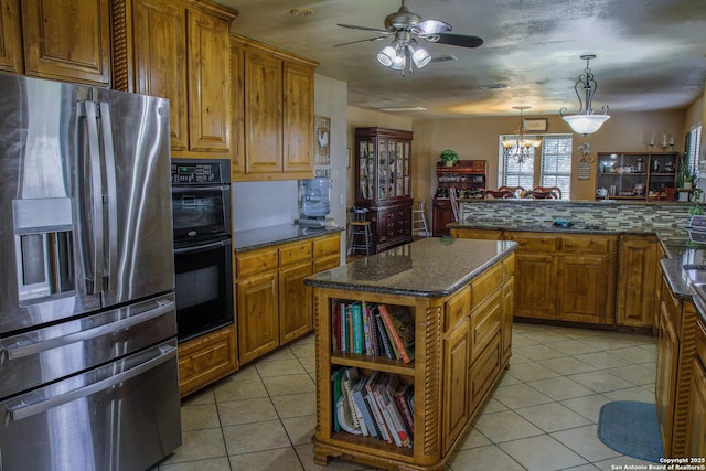 kitchen featuring a kitchen island, hanging light fixtures, stainless steel fridge with ice dispenser, kitchen peninsula, and light tile patterned floors