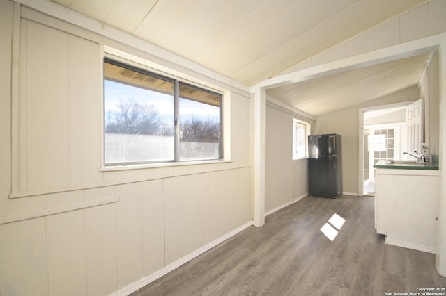 interior space with vaulted ceiling, sink, and hardwood / wood-style flooring