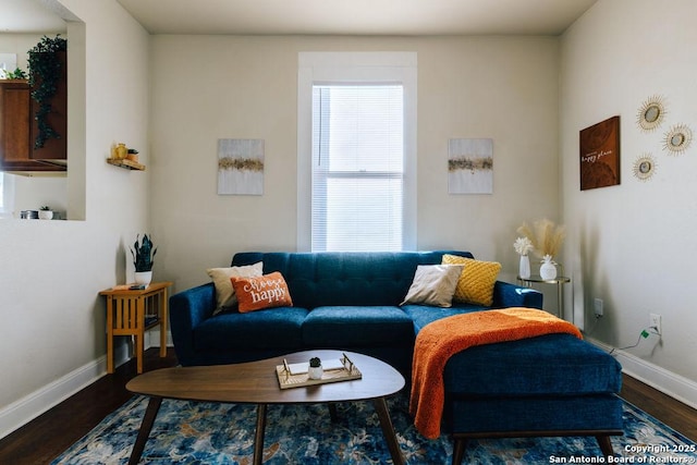 living room featuring dark wood-type flooring