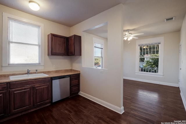 kitchen with ceiling fan, dark hardwood / wood-style floors, dark brown cabinets, dishwasher, and sink