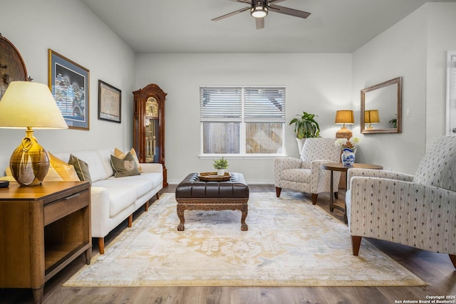 living room with ceiling fan and wood-type flooring