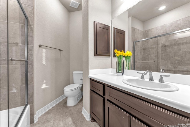 full bathroom with toilet, combined bath / shower with glass door, tile patterned flooring, and vanity