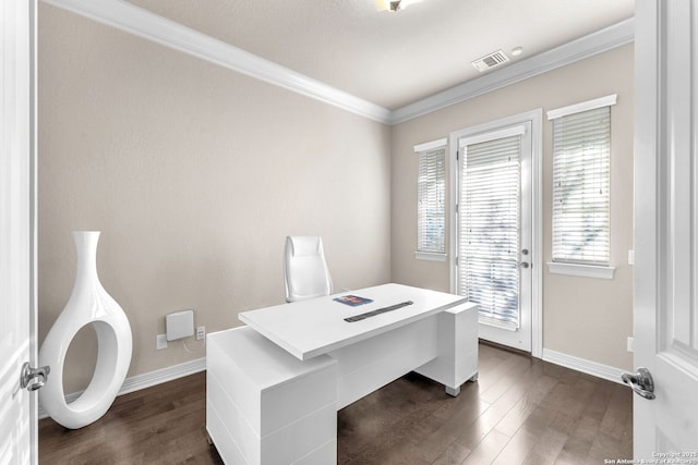 home office featuring dark hardwood / wood-style floors and crown molding