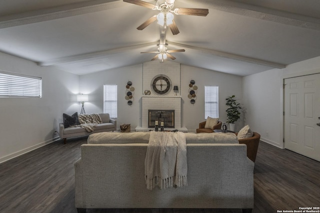 living room featuring a fireplace, dark hardwood / wood-style flooring, and a wealth of natural light