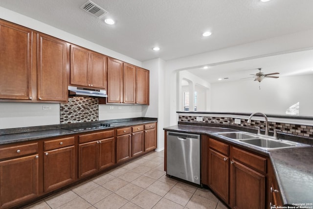 kitchen featuring ceiling fan, decorative backsplash, black electric cooktop, stainless steel dishwasher, and sink