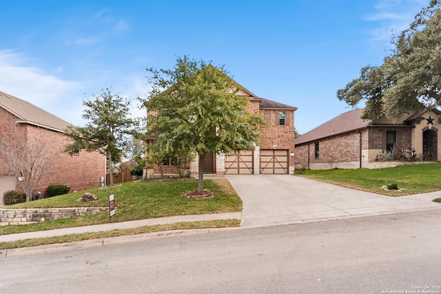 view of property hidden behind natural elements with a front yard and a garage