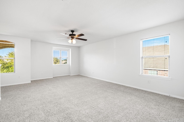 spare room with ceiling fan and carpet