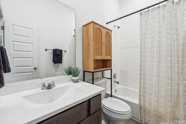 full bathroom with toilet, vanity, and shower / bathtub combination with curtain