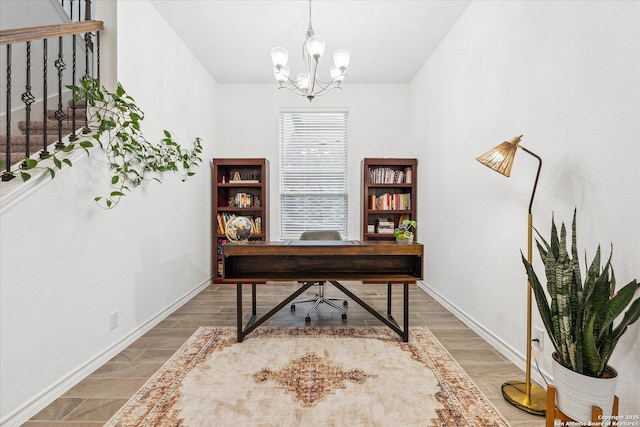 office with an inviting chandelier and hardwood / wood-style flooring