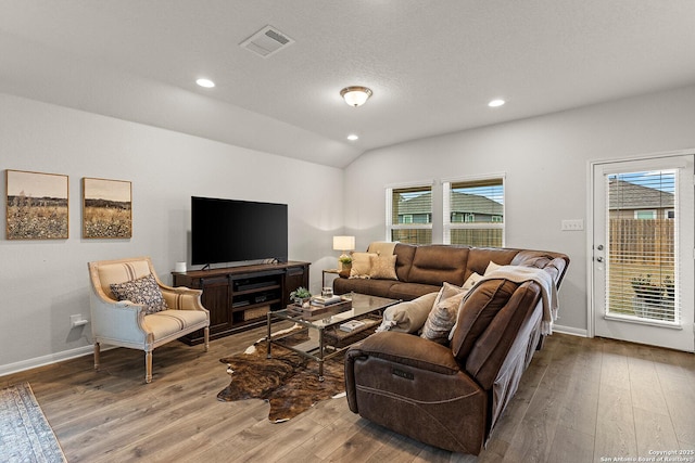 living room featuring vaulted ceiling, a textured ceiling, wood-type flooring, and plenty of natural light