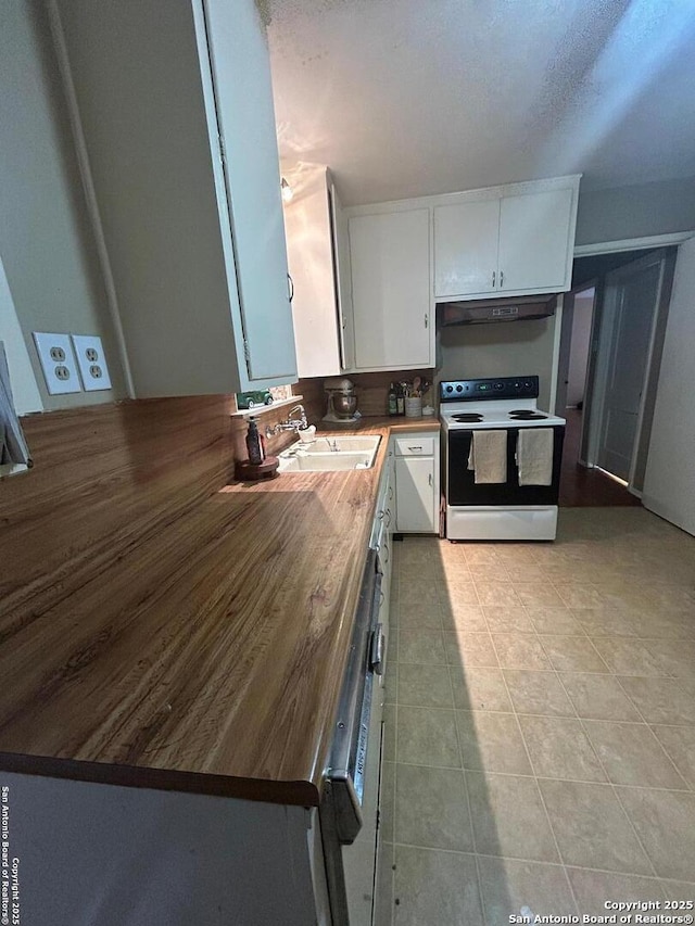 kitchen with white cabinets, dishwasher, wood counters, white electric stove, and sink