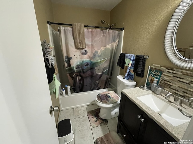 full bathroom featuring shower / bathtub combination with curtain, tile patterned floors, vanity, decorative backsplash, and toilet