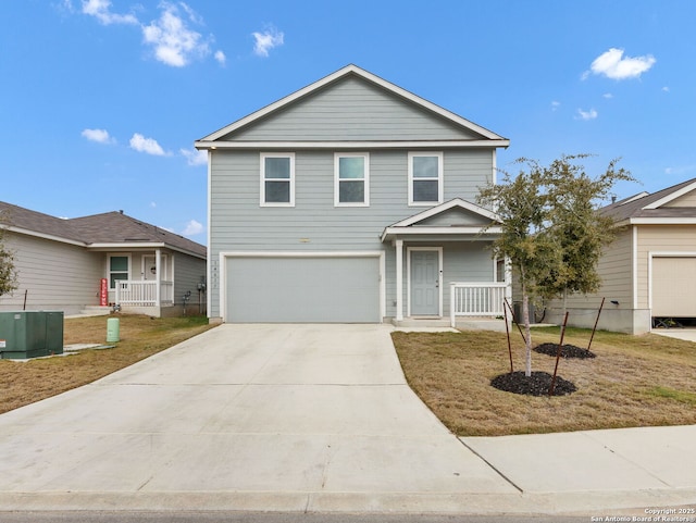 view of property with a front lawn, central AC unit, a porch, and a garage