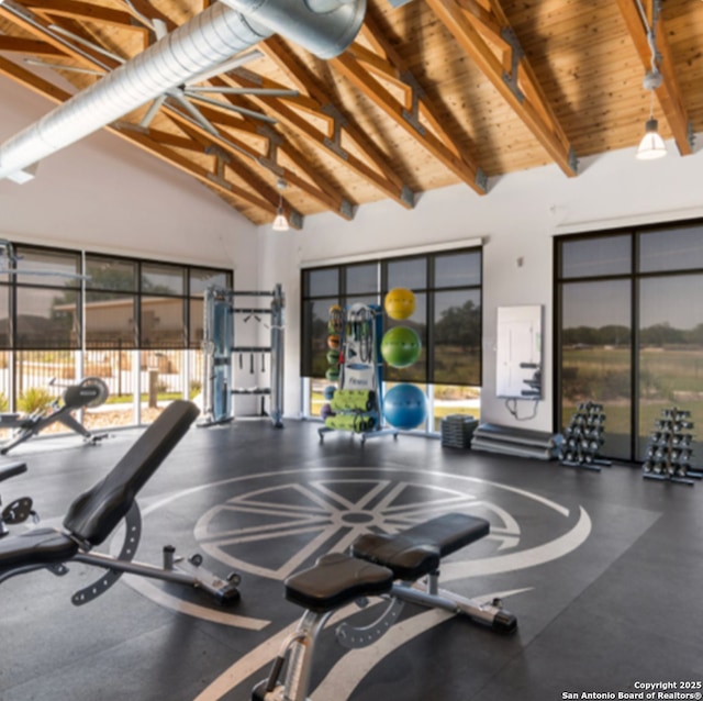 gym with high vaulted ceiling, electric panel, and wooden ceiling