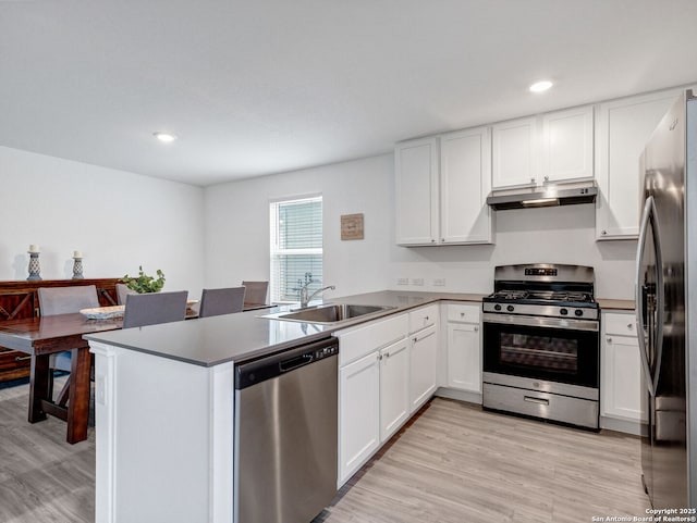 kitchen featuring stainless steel appliances, white cabinets, kitchen peninsula, and sink