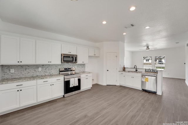 kitchen featuring light stone countertops, white cabinetry, stainless steel appliances, kitchen peninsula, and ceiling fan