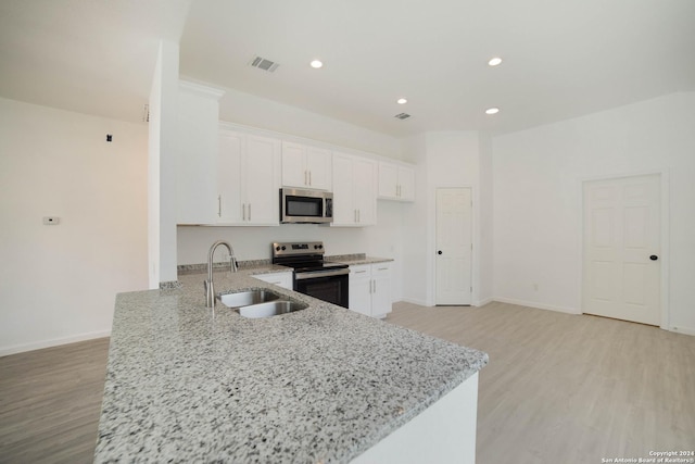 kitchen with kitchen peninsula, sink, appliances with stainless steel finishes, white cabinets, and light stone counters