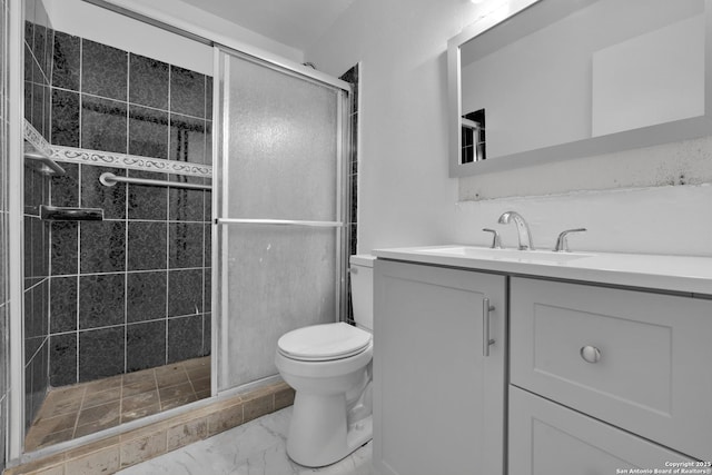 bathroom featuring toilet, vanity, and an enclosed shower