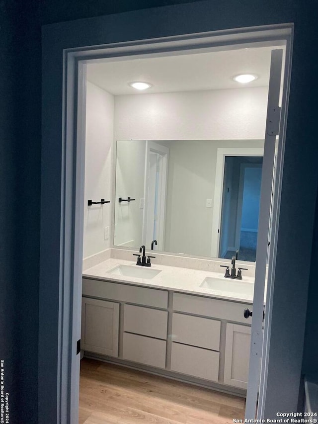 bathroom with hardwood / wood-style floors and vanity