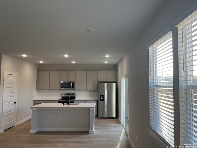 kitchen with an island with sink, stainless steel appliances, gray cabinetry, backsplash, and sink