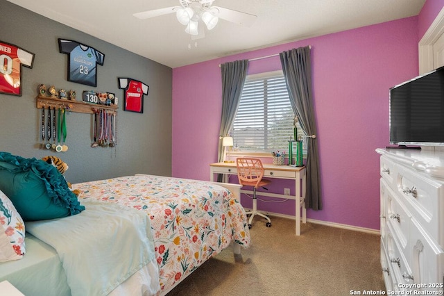 carpeted bedroom featuring ceiling fan