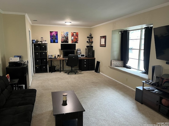 carpeted office featuring crown molding