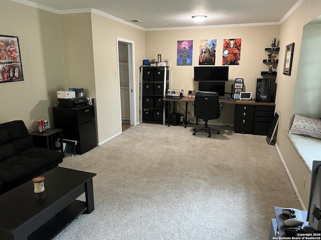 office space featuring carpet and crown molding