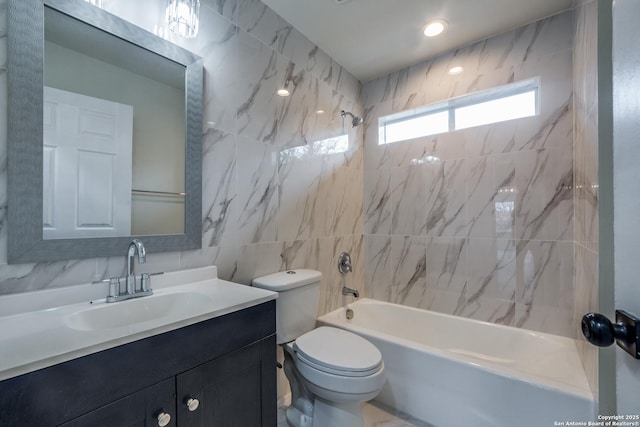 full bathroom with toilet, tiled shower / bath combo, backsplash, tile walls, and vanity