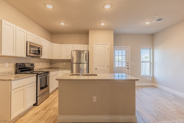 kitchen with stainless steel appliances, white cabinetry, light stone counters, and an island with sink