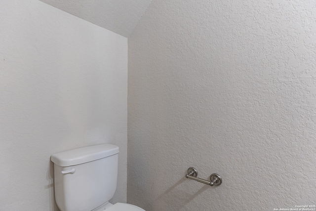 bathroom with toilet and lofted ceiling