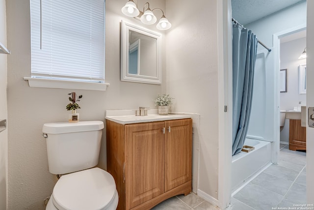 full bathroom featuring toilet, tile patterned flooring, shower / bath combination with curtain, and vanity