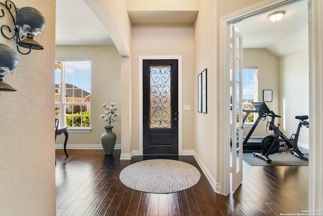 entryway with a wealth of natural light, dark hardwood / wood-style flooring, and lofted ceiling