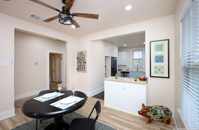 dining space featuring light hardwood / wood-style floors, sink, and ceiling fan