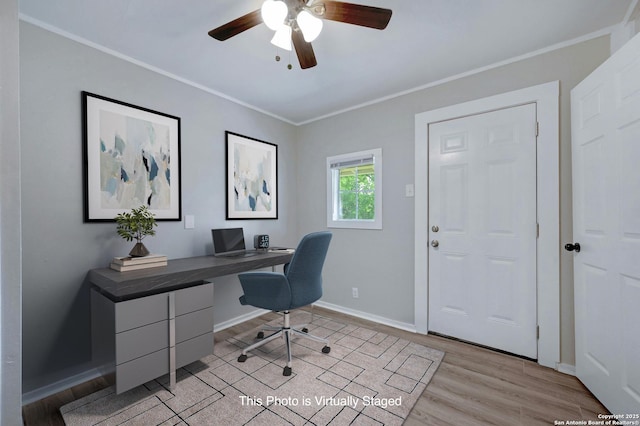 office area with ceiling fan, light hardwood / wood-style flooring, and crown molding