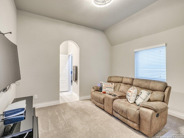 carpeted living room featuring lofted ceiling