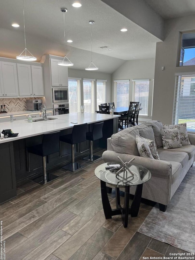 living room featuring sink and vaulted ceiling