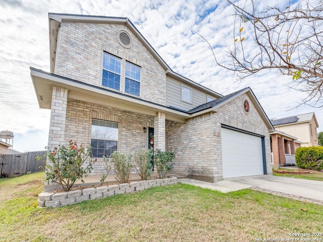 view of front of property with a garage, a front yard, and a porch