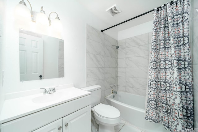 full bathroom with toilet, vanity, and shower / tub combo with curtain