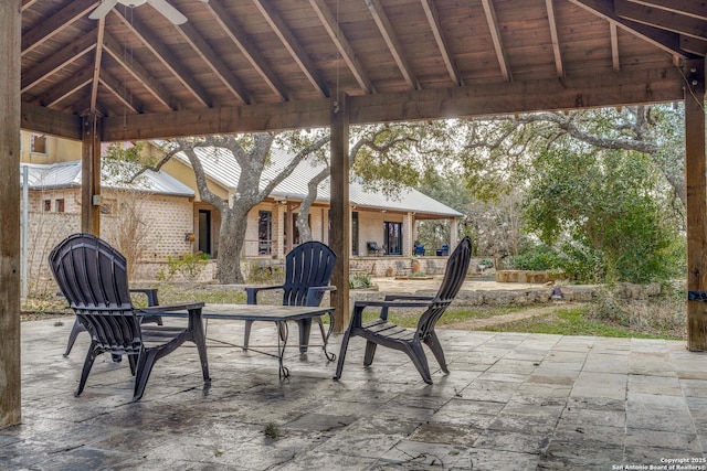 view of patio with ceiling fan and a gazebo