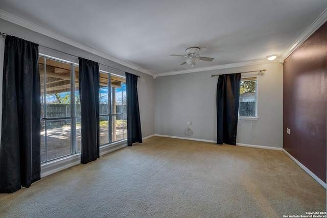 carpeted spare room featuring ceiling fan and ornamental molding