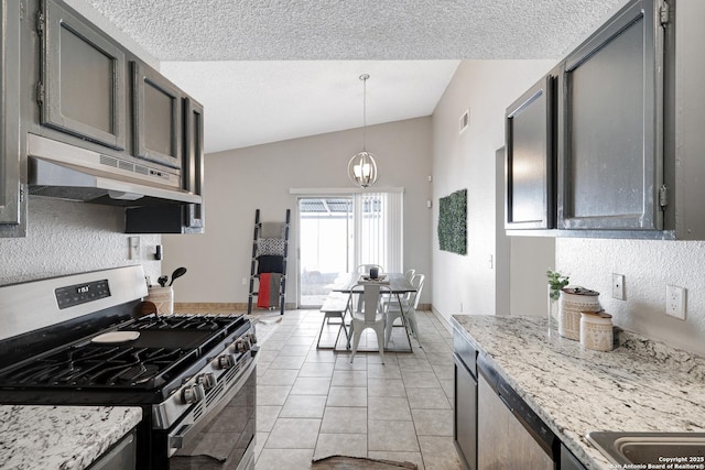 kitchen with stainless steel appliances, light tile patterned flooring, lofted ceiling, a chandelier, and light stone counters