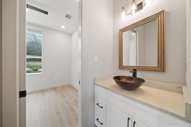 bathroom with wood-type flooring and vanity