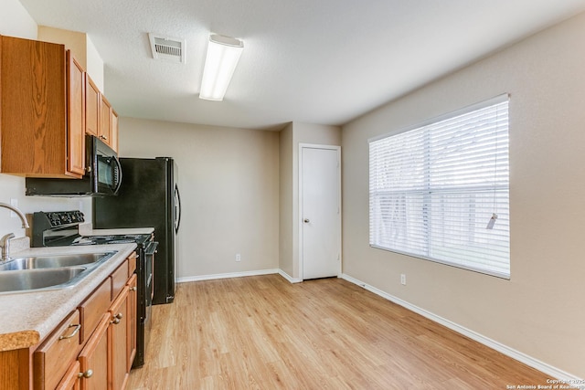 kitchen featuring black appliances, sink, and light hardwood / wood-style flooring