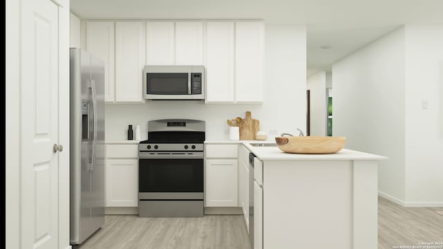 kitchen with light hardwood / wood-style floors, white cabinets, appliances with stainless steel finishes, and kitchen peninsula