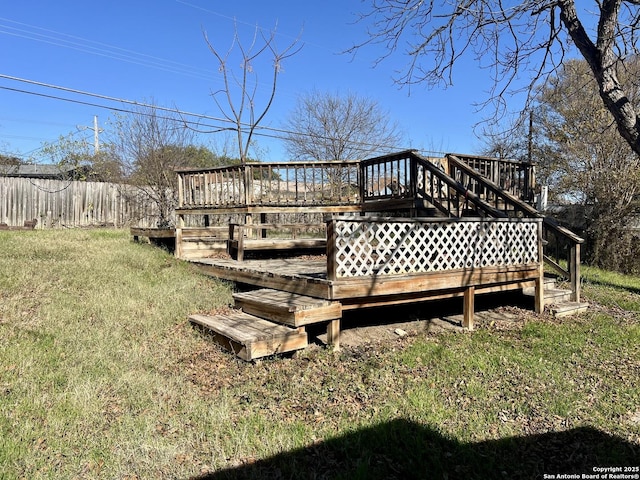 wooden terrace featuring a yard